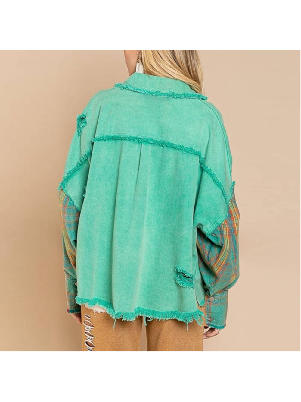 POL Boho Patchwork Jacket m Raw Hem Plaid Sleeve Oversized Cotton 2XL - Picture 2 of 7